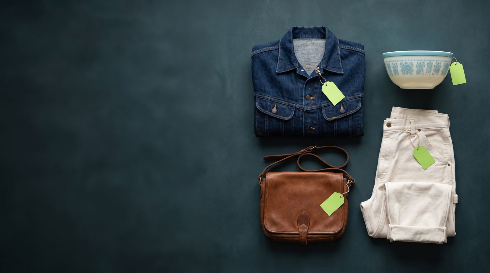A thrift haul laid flat, each item tagged
