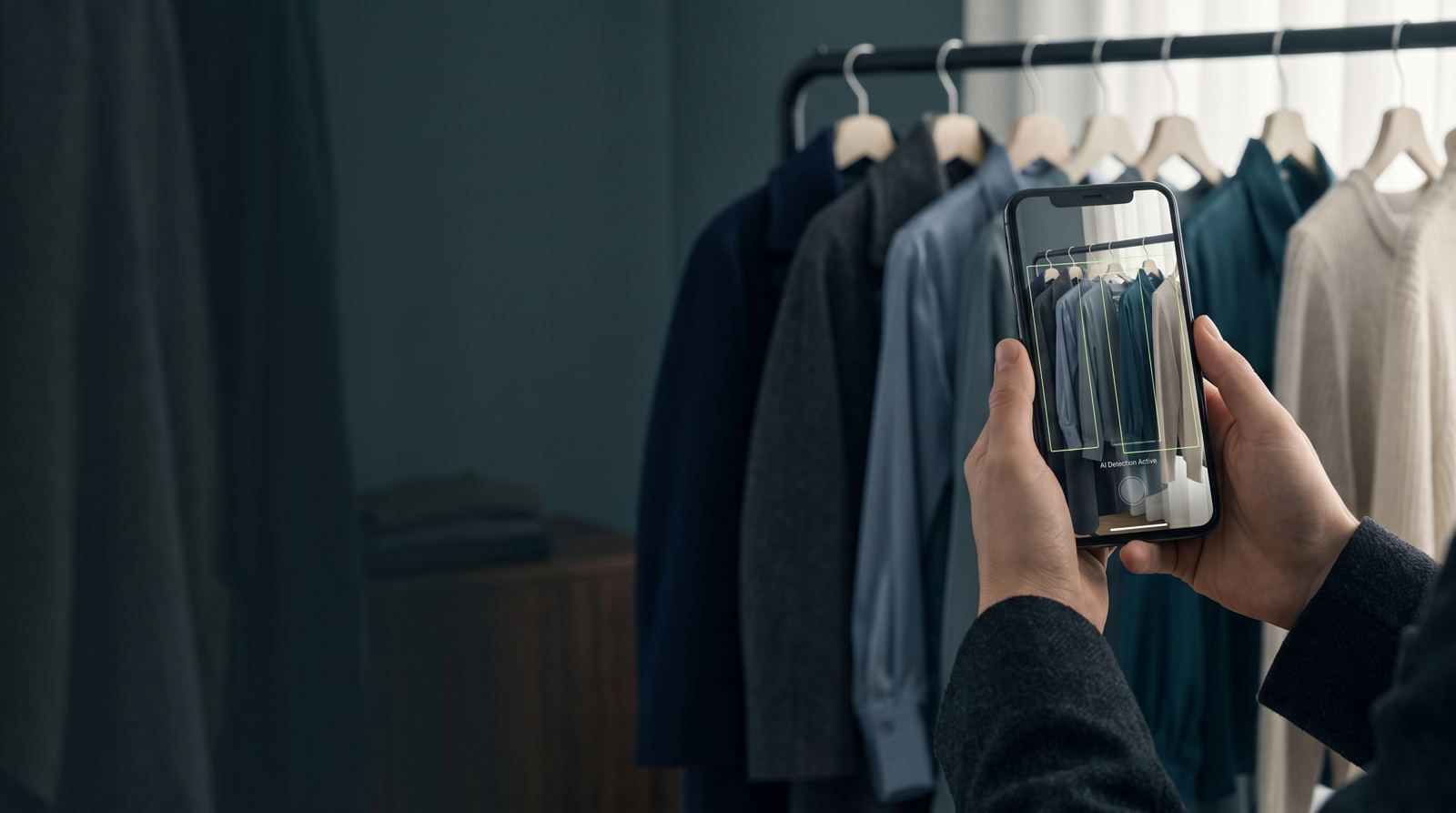 Hands filming a rack of vintage clothing with a phone