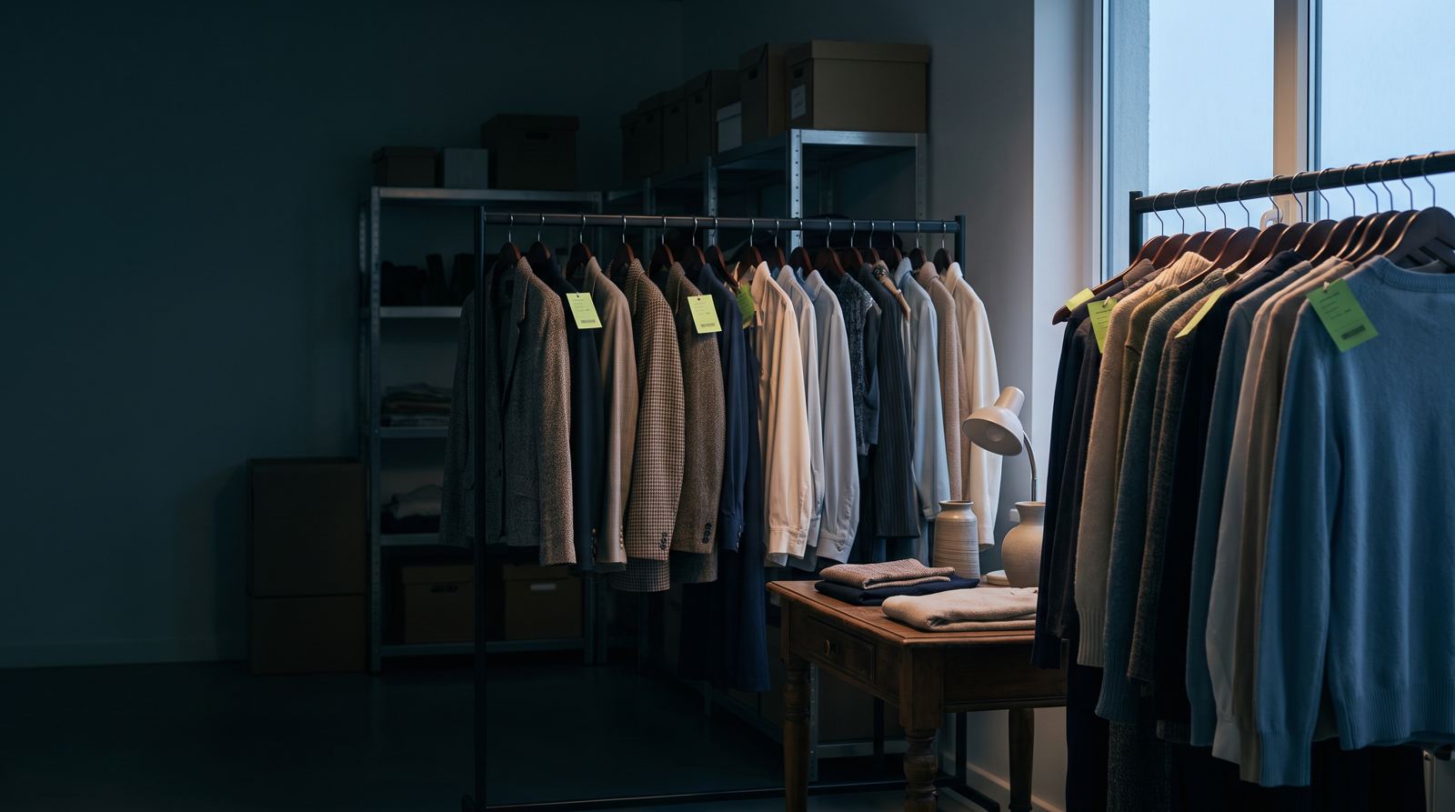 A tidy stock room of tagged vintage clothing